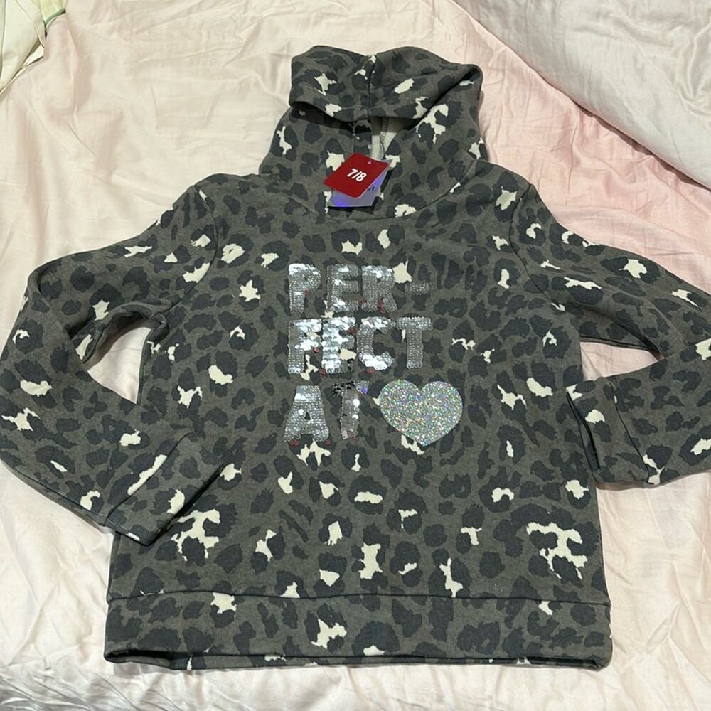 members mark 7/8 animal print grayish perfect at heart flip sequin hoodie NWT
